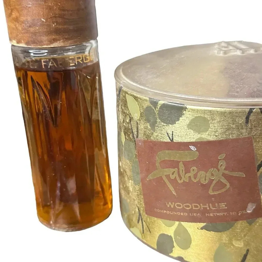 Vintage Faberge Woodhue Scented Body Powder 5 OZ and perfume set